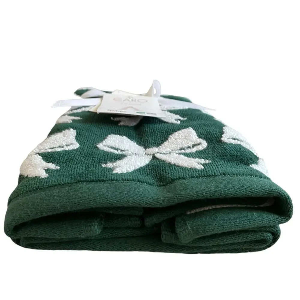 Caro Home CHRISTMAS BOW Hand Towels Set of 2 Green & White Holiday Decor
